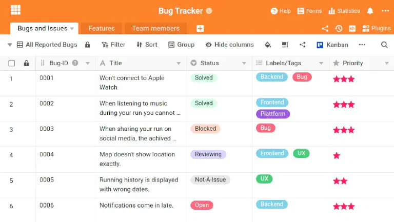 Table with all known bugs in the SeaTable bug tracker