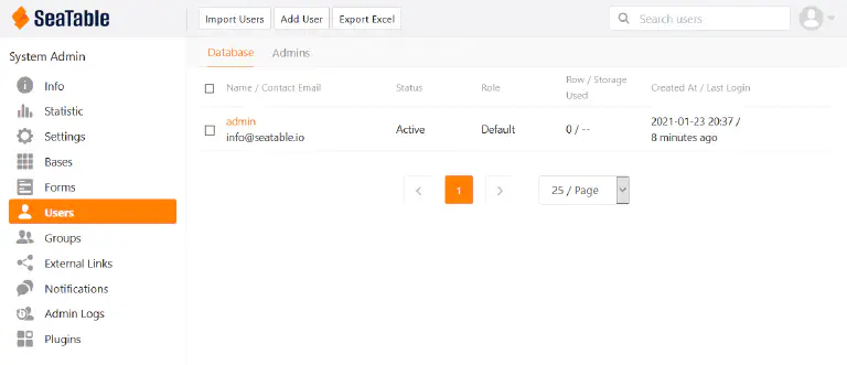 Users menu in SeaTable’s System Administration