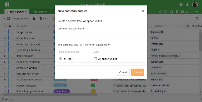 Existing common datasets are displayed in the “New common dataset” dialogue box.
