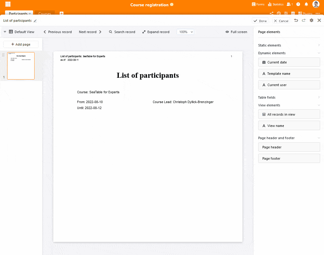 List print feature in SeaTable’s Page Design plugin