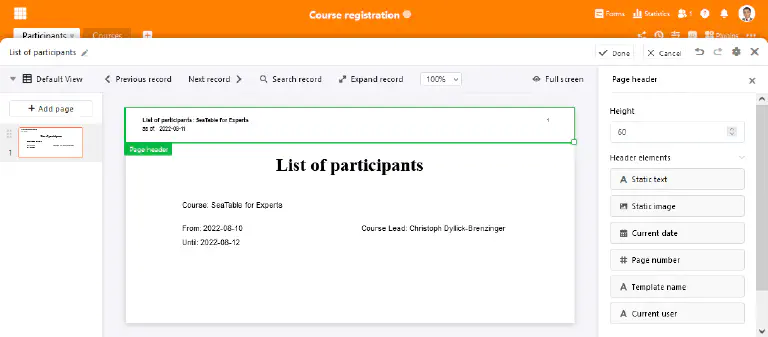 Page header in SeaTable’s Page Design plugin