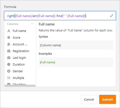 Seatable’s interactive formula wizard
