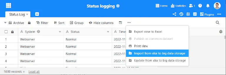 Mass-import into and export form SeaTable’s big data storage