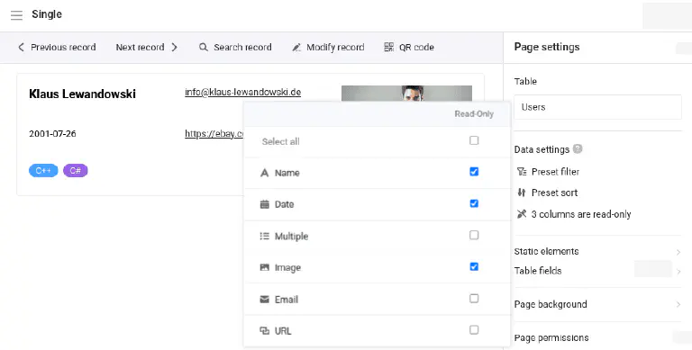 New read-only columns setting on single record page