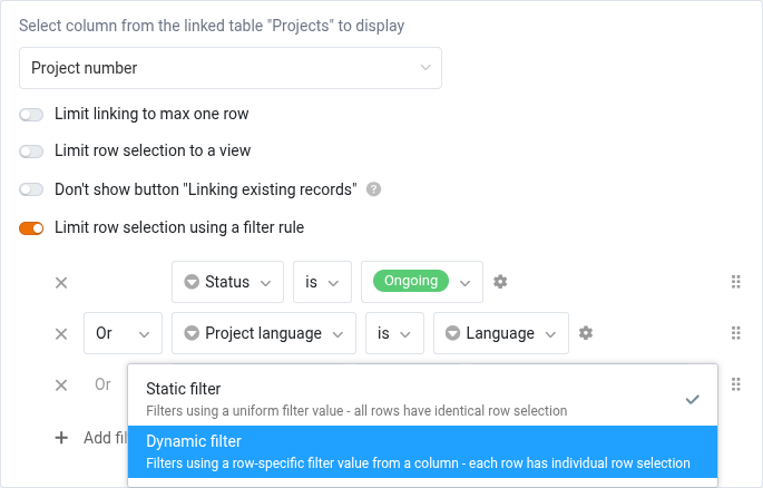 Reglas de filtrado en columnas enlazables