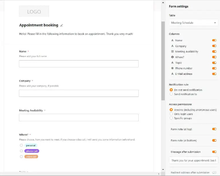 In the web form you can set up your appointment booking system according to your needs.