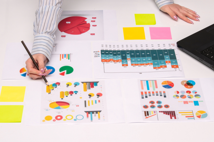 Analyse de la concurrence : papier avec des diagrammes et des graphiques colorés pour l’analyse